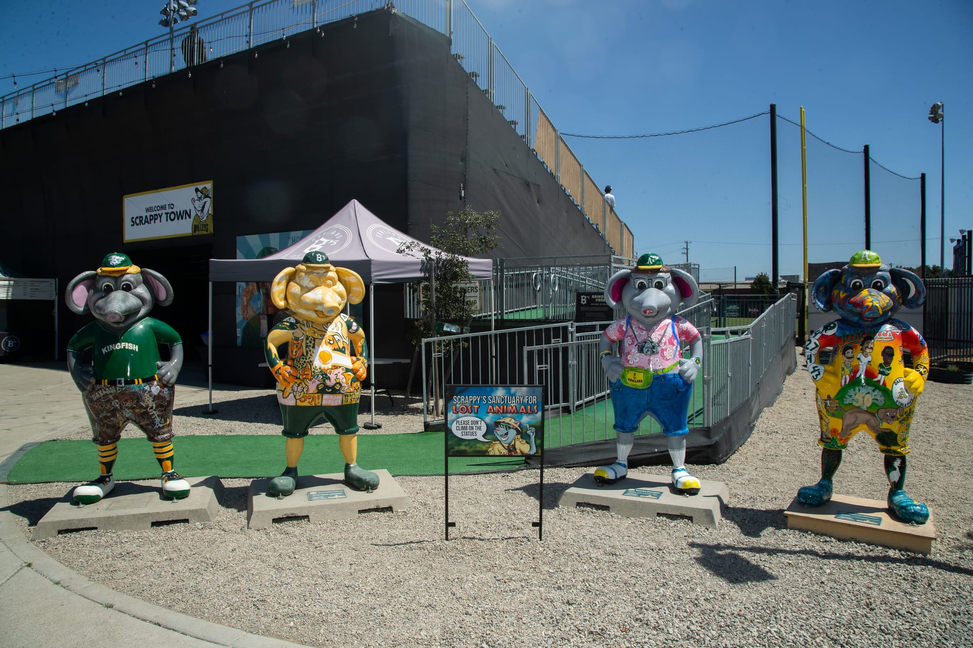 Four statues of an anthropomorphic elephant stand in front of a baseball field. A sign in the center says "Scrappy's sanctuary for lost animals." From left to right: an elephant painted with a green jersey; a yellow elephant painted with cartoon animals; a grey elephant painted with a Hawaiian shirt and a fanny pack; and a blue elephant painted with baseball players and a dog on its torso.