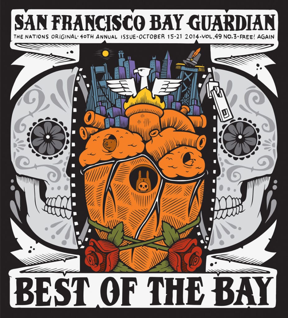 a beautiful colorful skull illustration on the cover of the Oct. 15, 2014 issue of the San Francisco Bay guardian