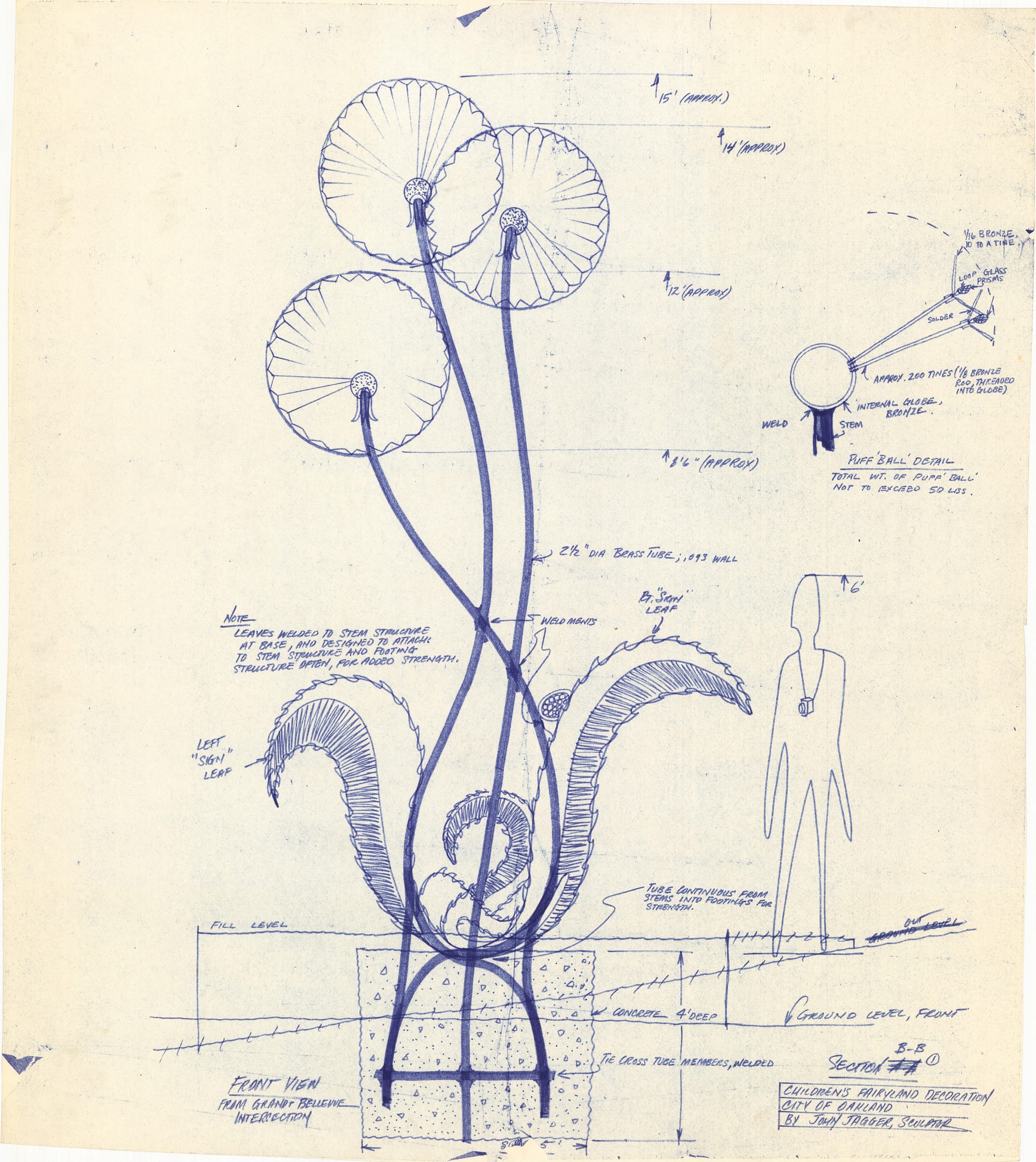 A sketch in blue ink of three dandelion puffs on long stalks, with metal leaves at the base. On the right is a human, for scale, and you can see all the notes about heights and welding.