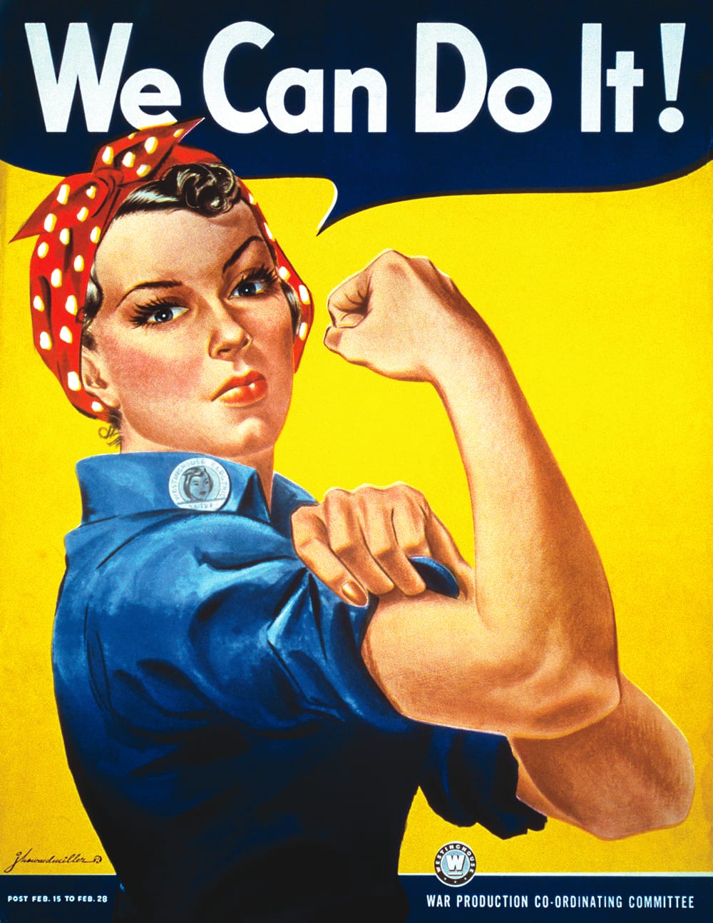 Illustrated poster of a brunette wearing a red handkerchief on her hair and flexing a bicep. A speech bubble says "We can do it!"