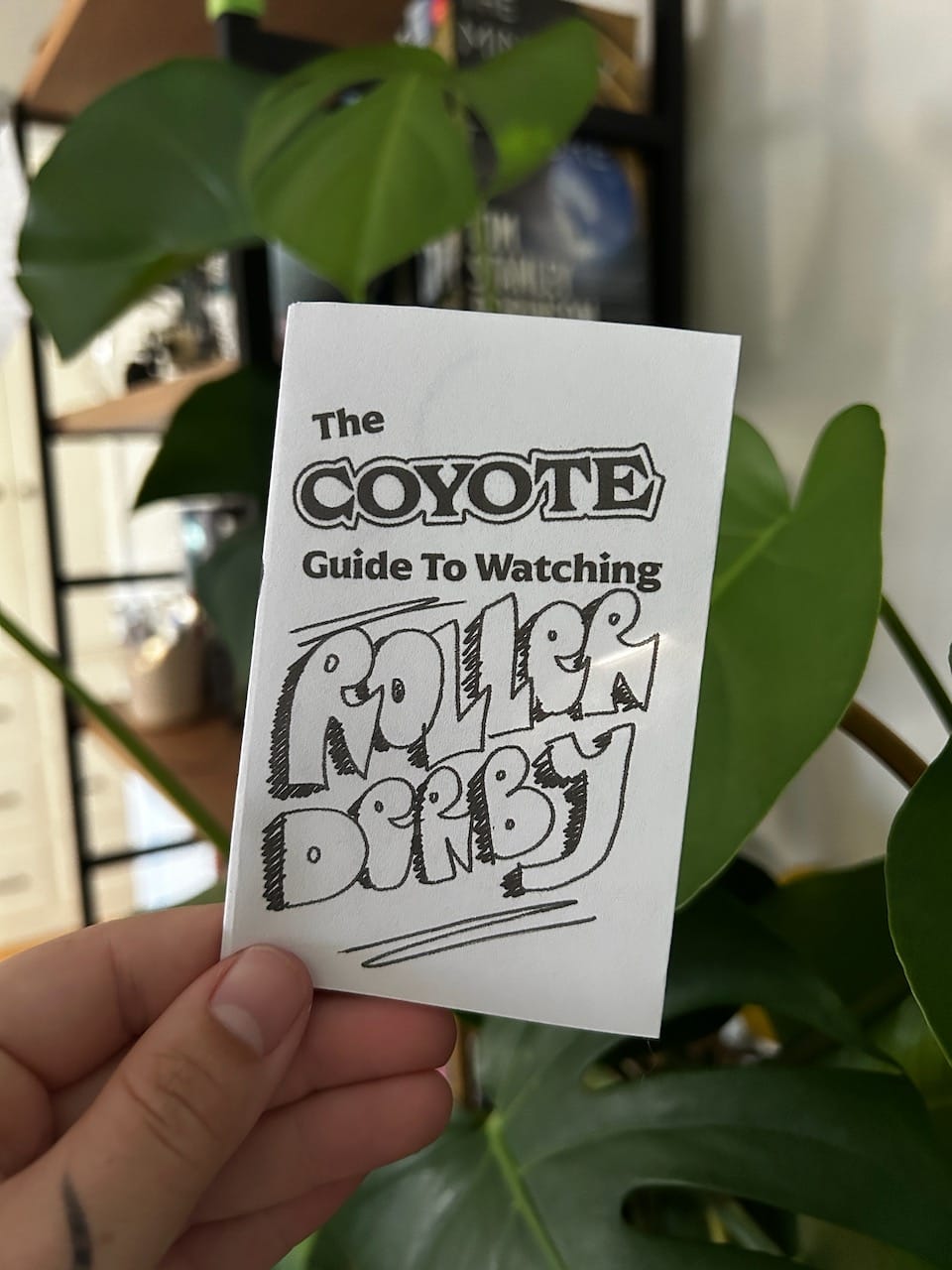 A hand holds a small zine with the words "The COYOTE guide to watching roller Derby"