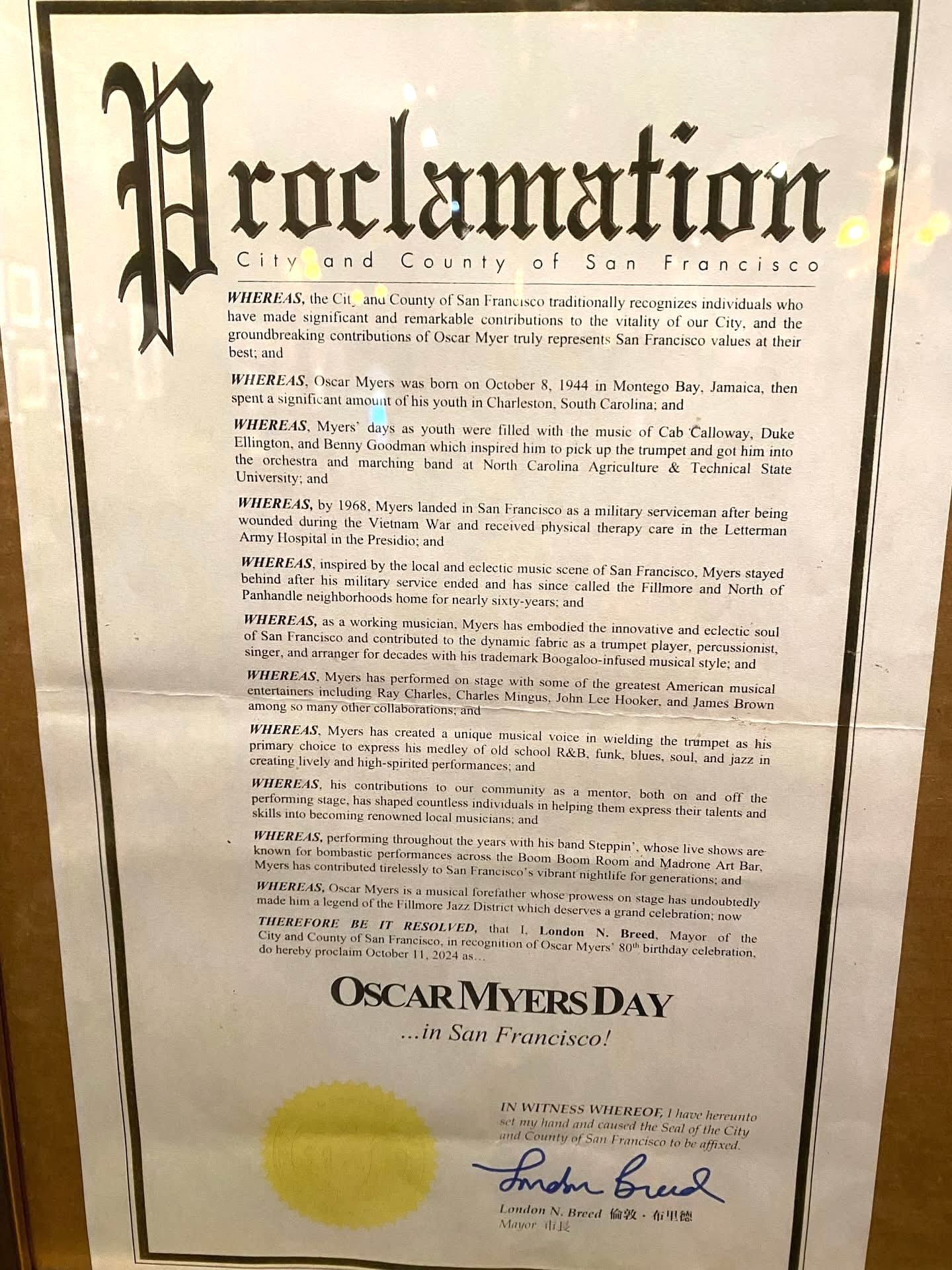 a large proclamation declaring Oct. 11 'Oscar Myers Day' in San Francisco, in honor of a musician