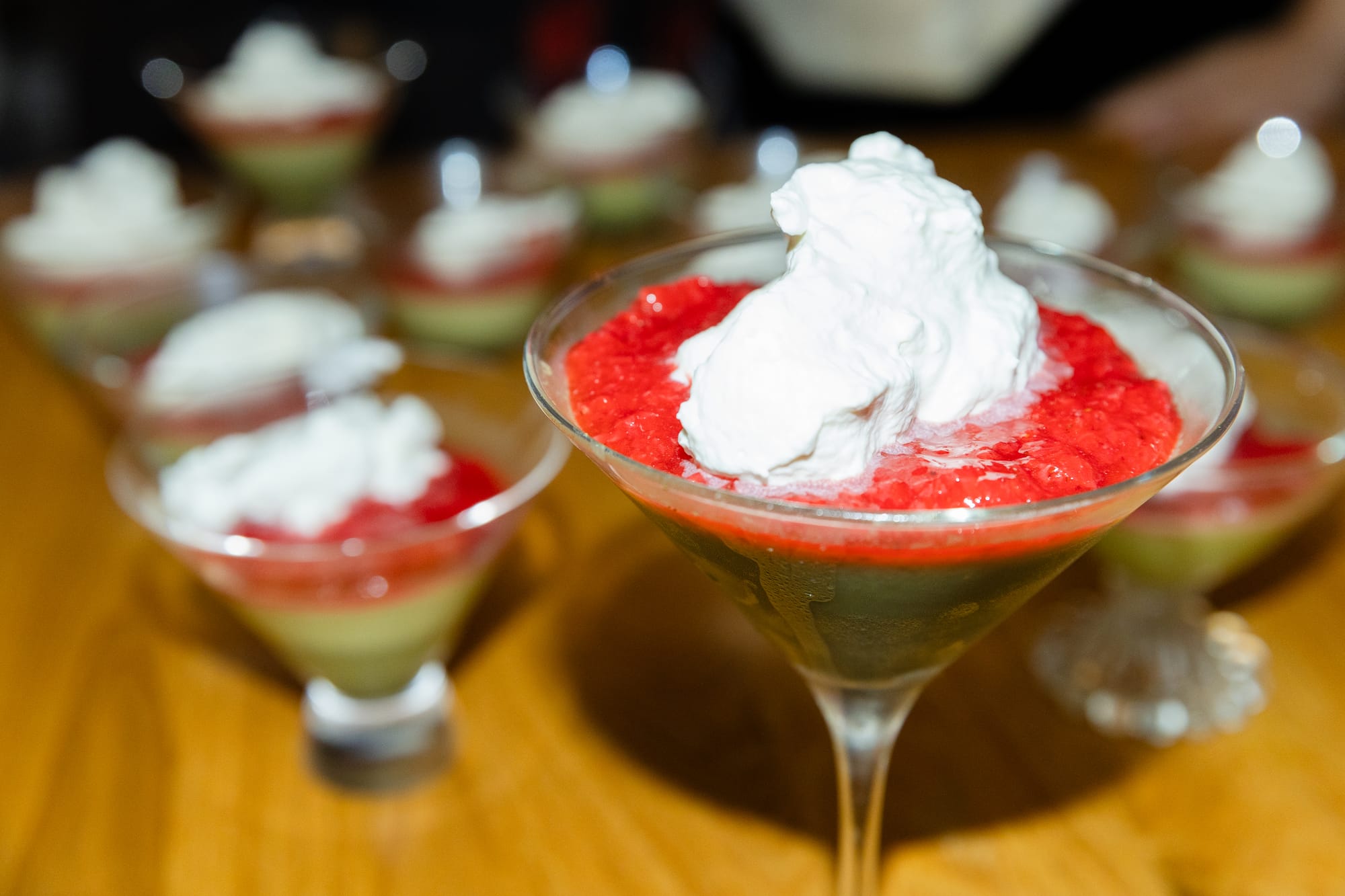 Several glasses of “Matcha” a matcha pudding. 