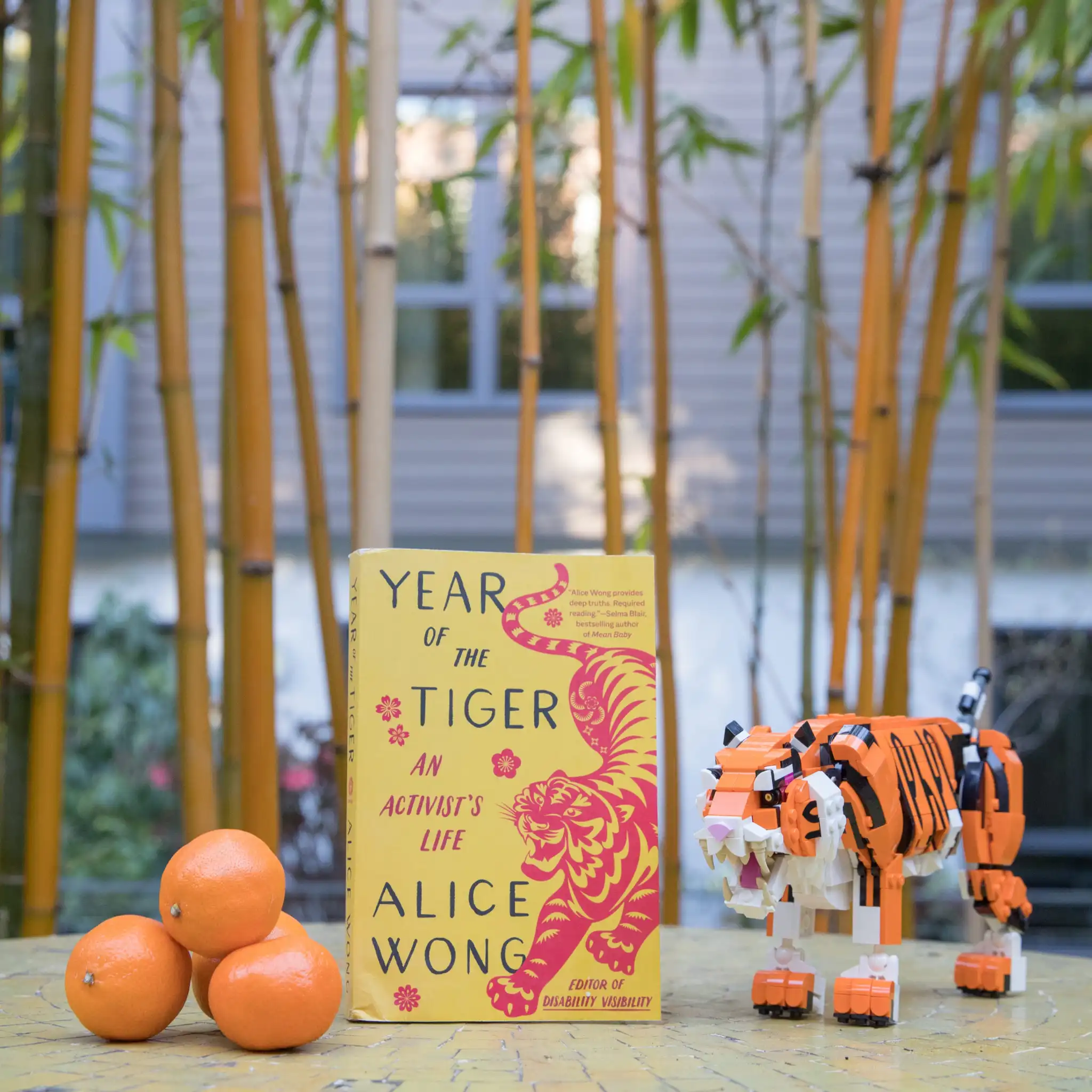 Photo of YEAR OF THE TIGER, a paperback with a marigold yellow background. On the right side is an illustration of a crouching tiger in red in the style of Chinese paper cuttings with delicate cutouts in various shapes giving form and definition to the tiger. The tiger has a fierce expression, eyes and jaws wide open, teeth bared. The tiger has large paws with four claws extended. On the left in black large text YEAR OF THE TIGER at the top and ALICE WONG below. In the center in smaller red text AN ACTIVIST’S LIFE and in the lower right corner EDITOR OF DISABILITY VISIBILITY. Small, delicate red flowers are sprinkled throughout. Book cover by Madeline Partner. Next to the book is a small pyramid of tangerines and to the left is a Lego figure of a fierce tiger. In the background are bamboo trees. 