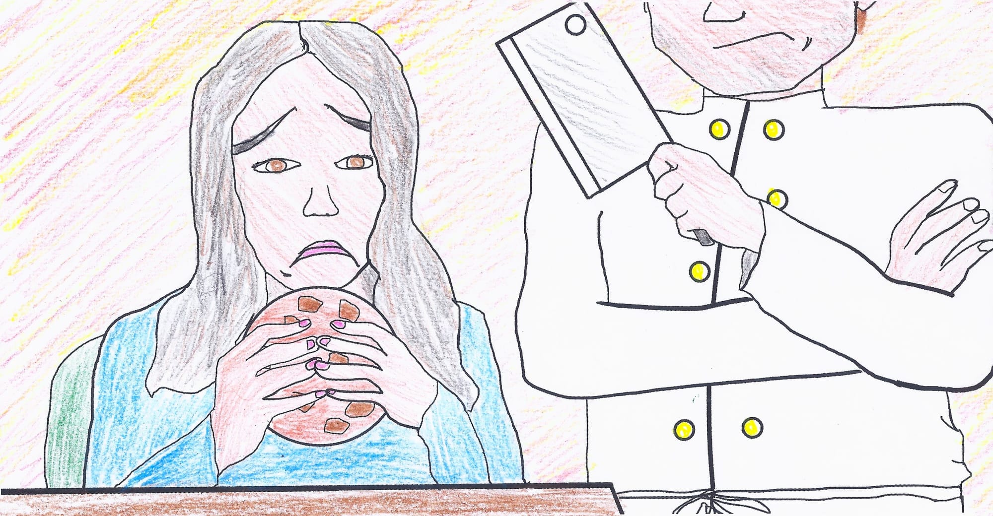 Drawing of a woman in a blue shirt eating a giant cookie and frowning while a chef stands behind her, arms crossed and holding a cleaver.