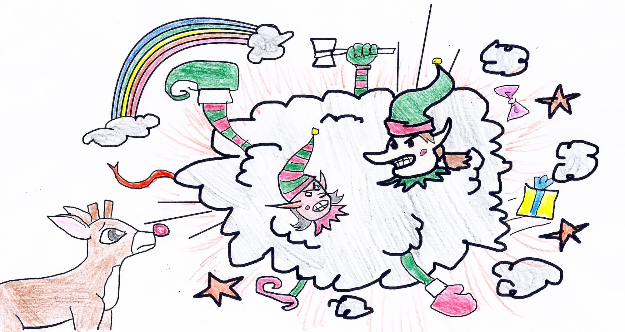 Two Christmas elves fighting in a comic-style cloud, legs and arms flying everywhere while Rudolph the red-nosed reindeer looks on in dismay.