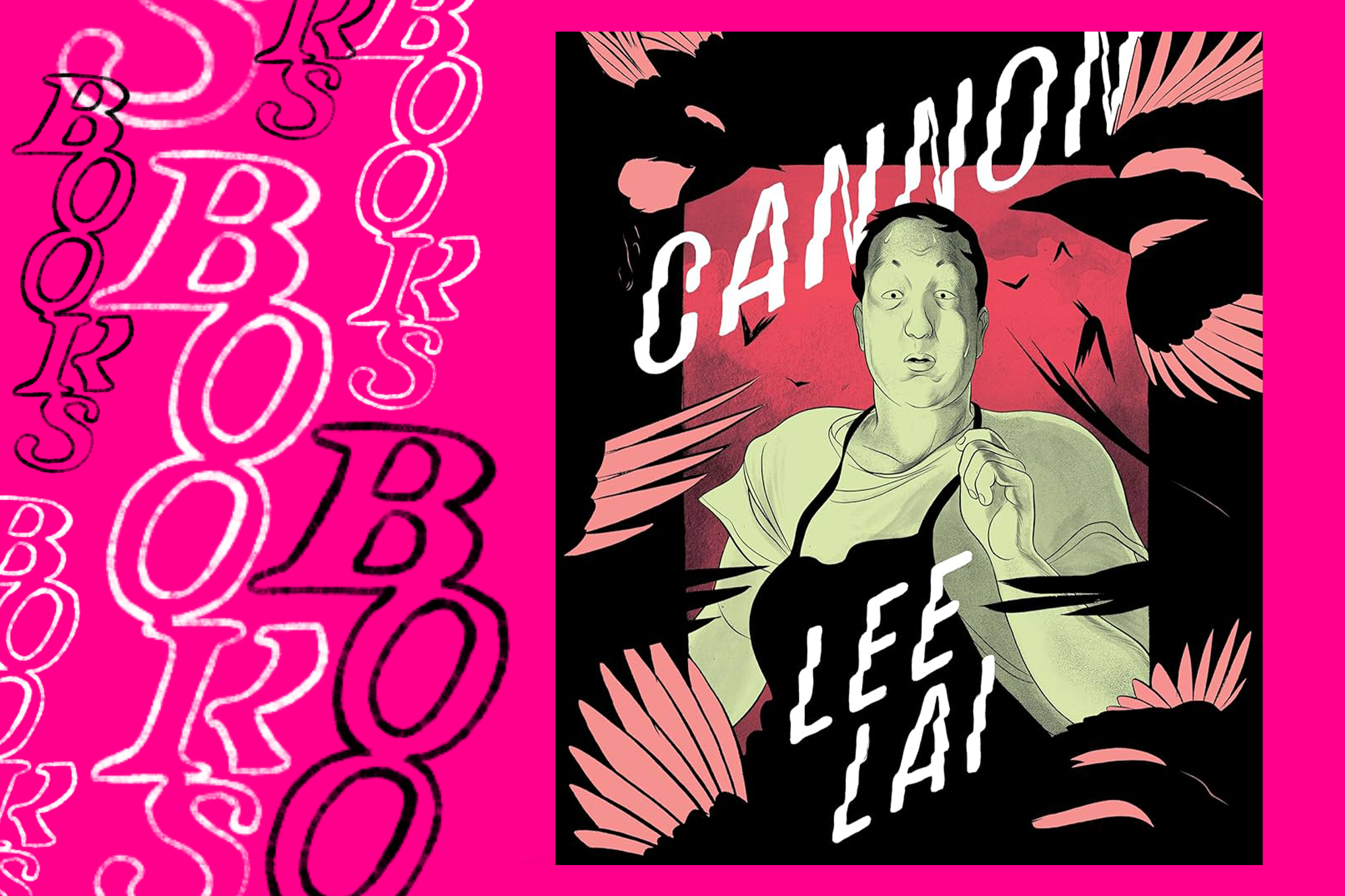 A pink background with the word BOOKS hand drawn along the side. To the right, the cover of the book Cannon by Lee Lai which features an illustrated chef looking scared surrounded by the wings of birds.