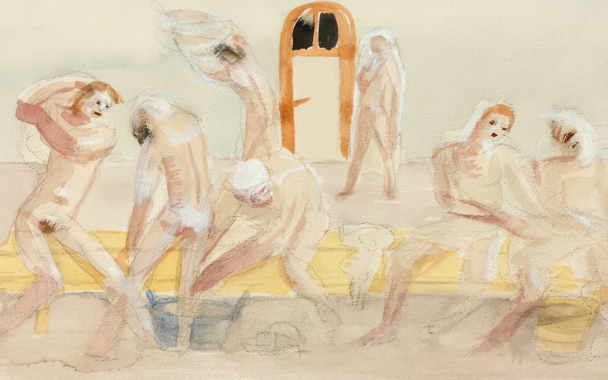Watercolor painting of people washing up in a public bath.