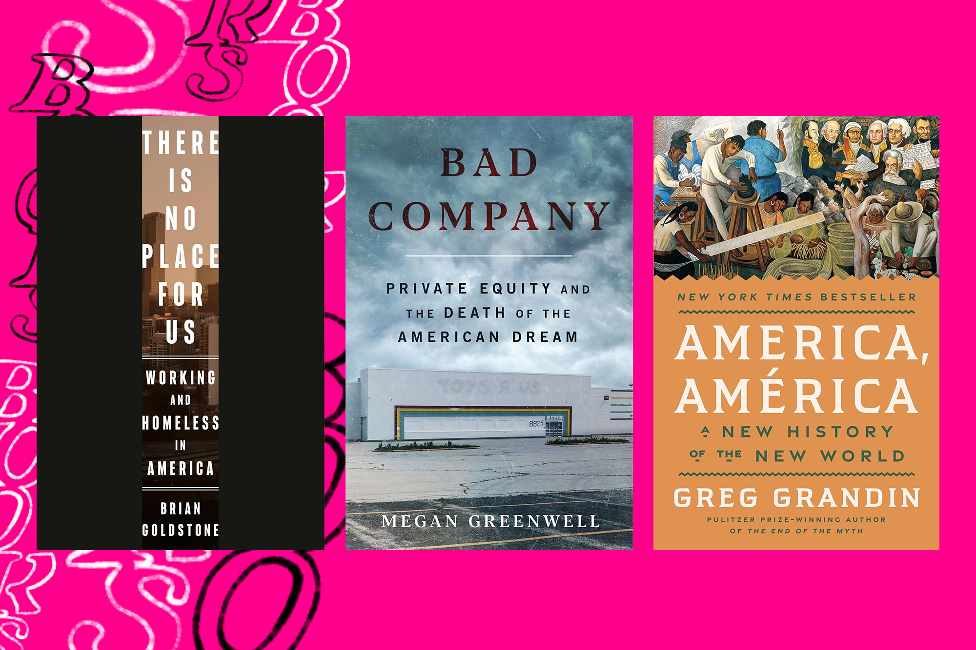 A pink background with the word BOOKS hand drawn along the side. To the right, the cover of three books.