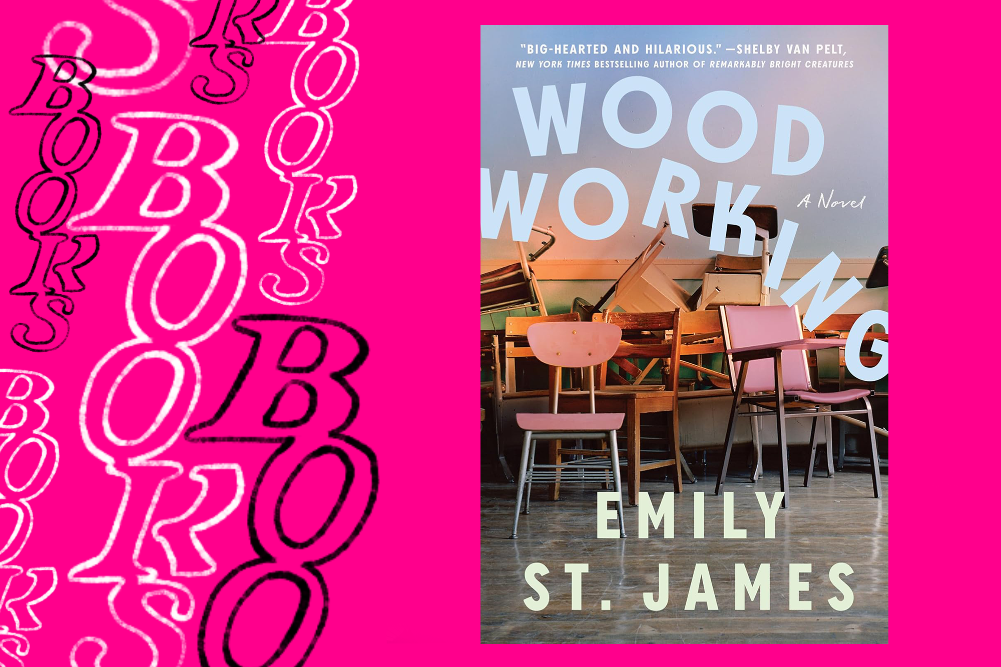 A pink background with the word BOOKS hand drawn along the side. To the right, the cover of the book Woodworking by Emily St. James which features a haphazard pile of chairs.