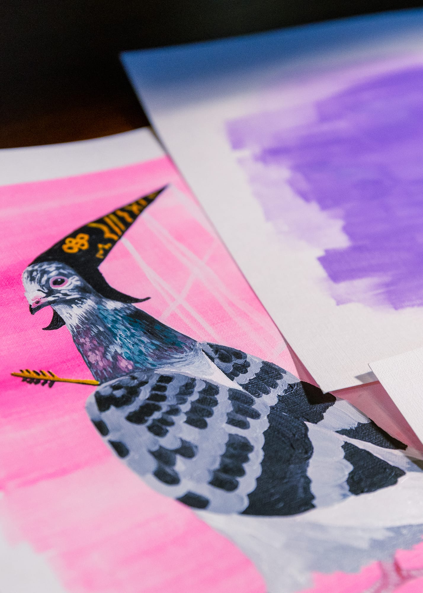 A closeup of a painting of a pigeon wearing a jaunty little hat.