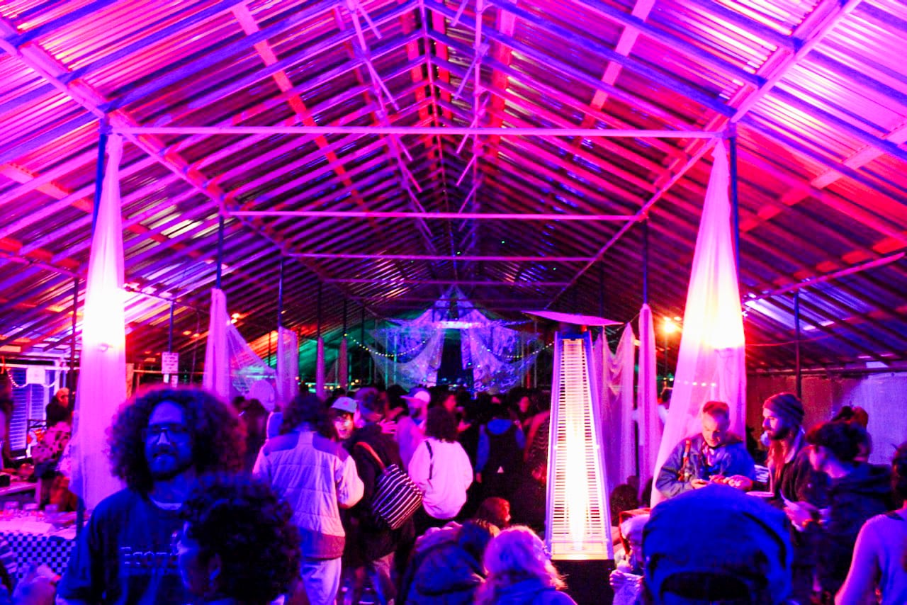 A greenhouse is filled with lights, drapery and people, lit by purple and red lights.