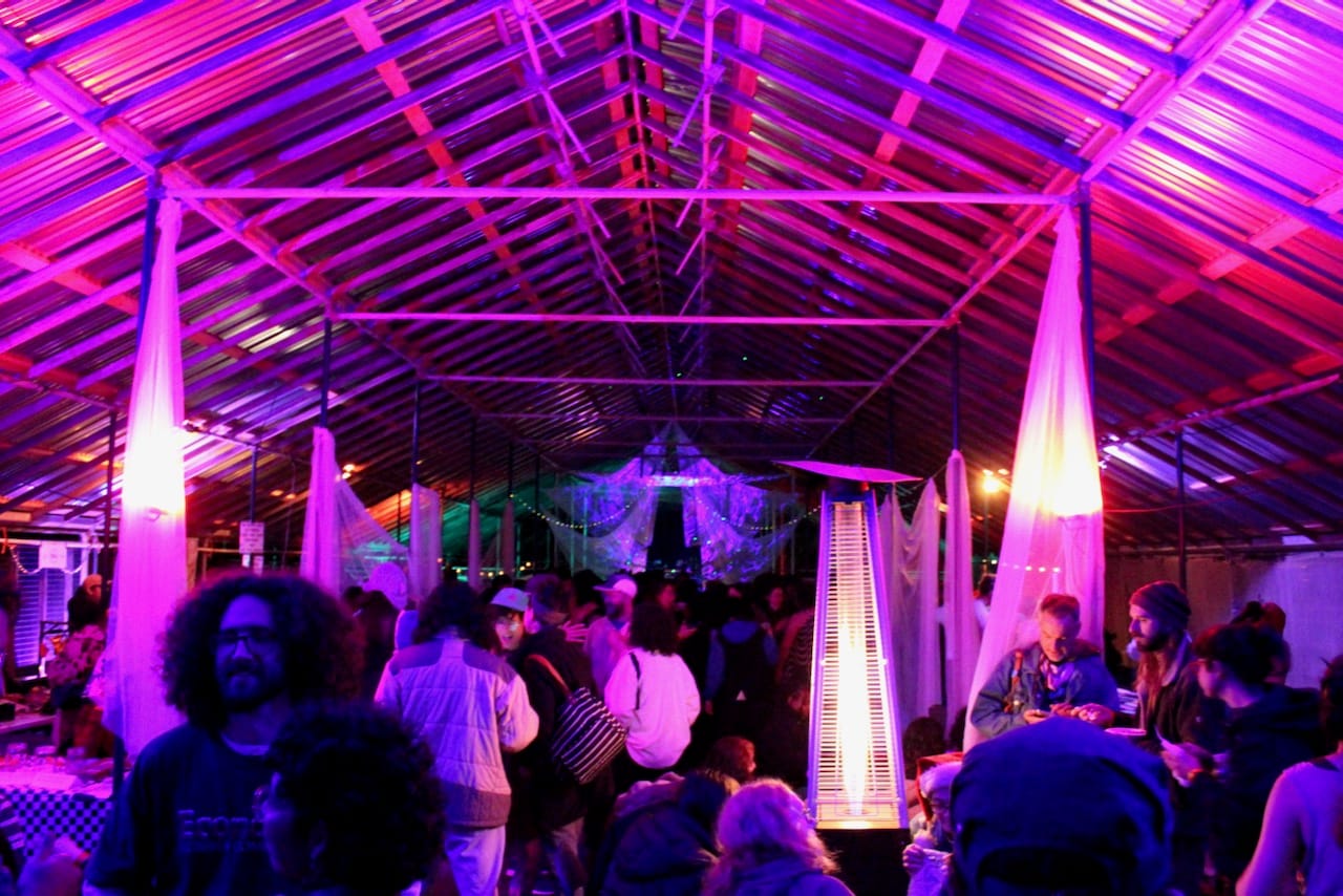 A greenhouse is filled with lights, drapery and people, lit by purple and red lights.