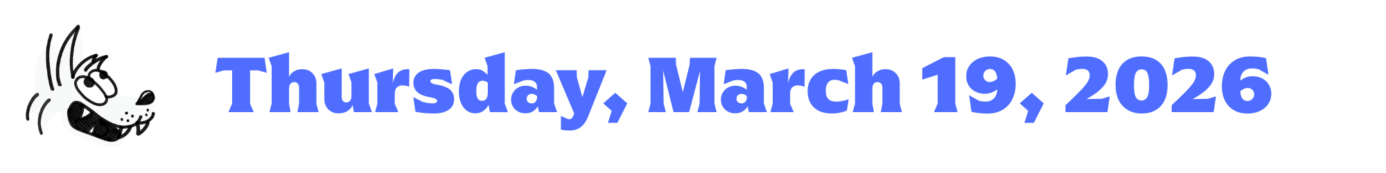 A cartoon coyote next to purple words that say Thursday, March 19, 2026