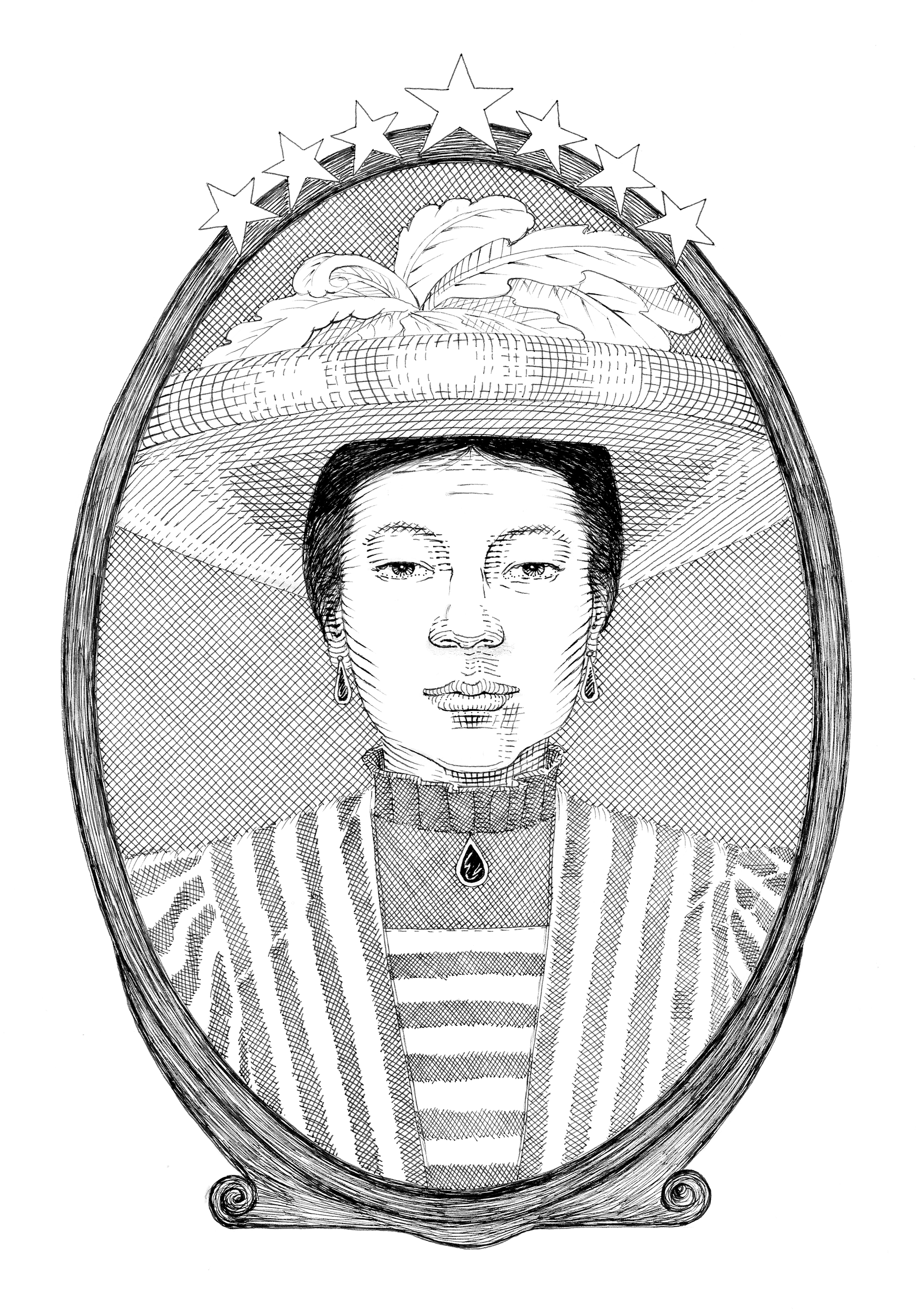 a black and white illustration of a Chinese American woman in a striped outfit and old-fashioned hat, Clara Elizabeth Chan Lee