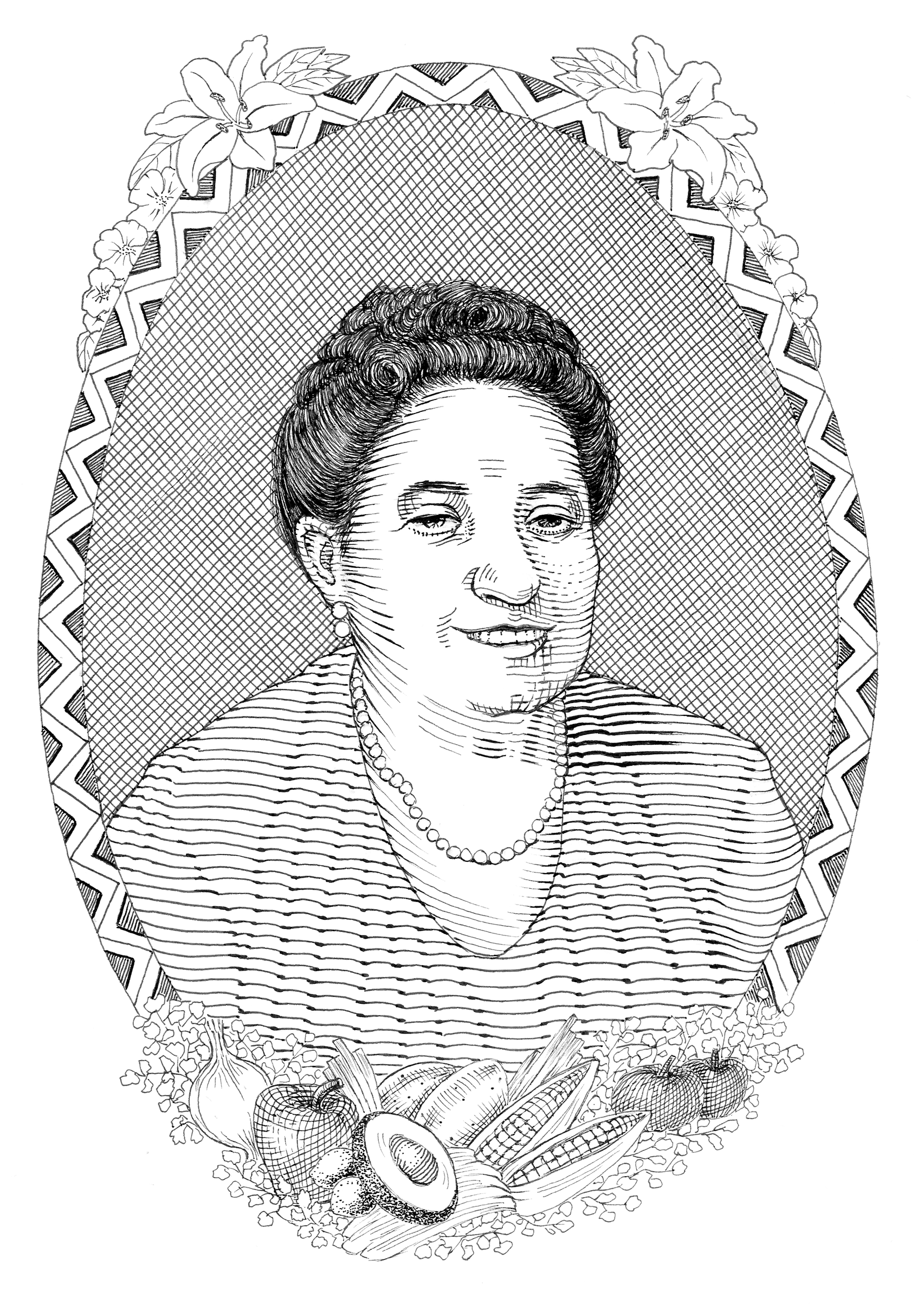 a black-and-white illustration of a Mexican American woman in a striped top with pearls, Elena Zelayeta, with drawings of fruits and vegetables underneath her