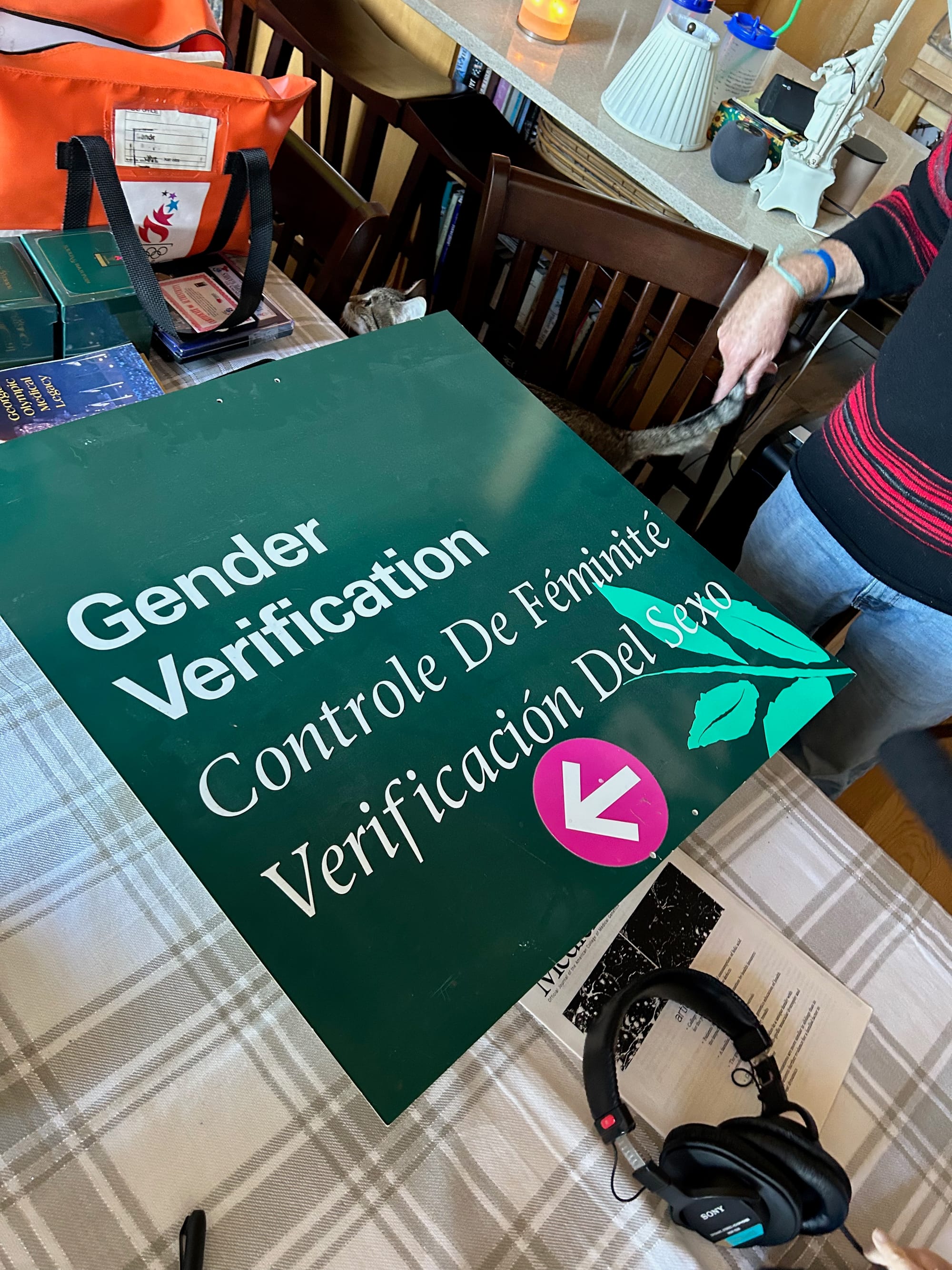 A green sign on a table that says "Gender Verification Control De Femininite Verificacion Del Dexo" and a pink arrow pointing left.