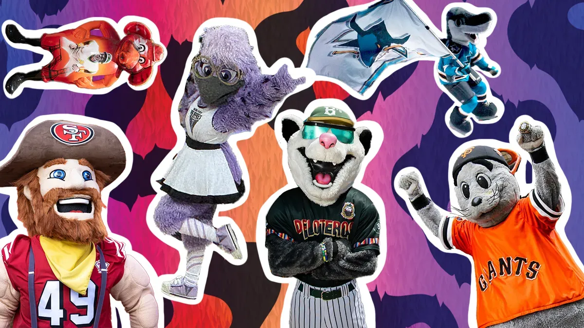 A series of mascots with a colorful background.