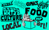a green image with a cartoon coyote reading a book and words like 'local' and 'arts & culture' and 'food' around it
