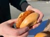Close-up of a person holding a baked bun with a fried chicken filet inside.